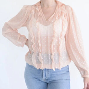 Rebecca Taylor Peach Silk Polka Dot Metallic Tie Neck Ruffle Long Sleeve Blouse2